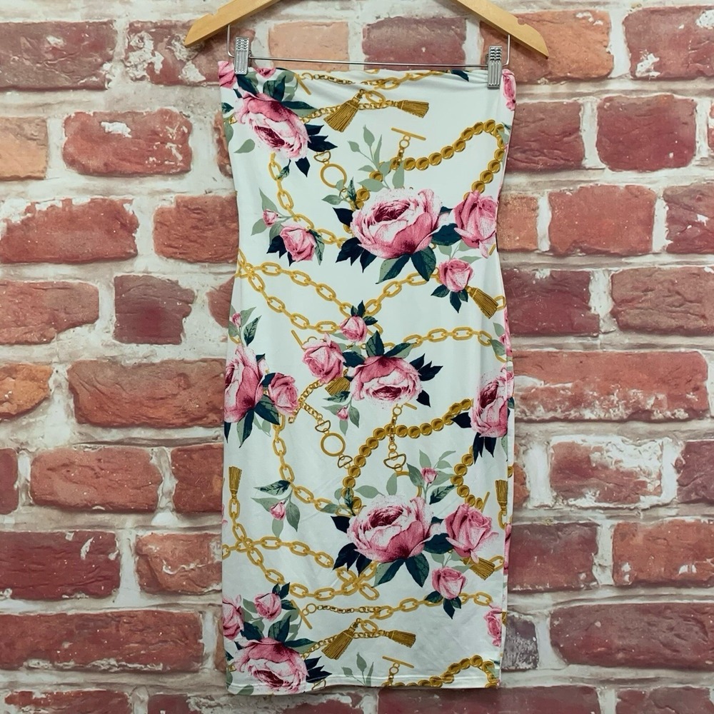 Guess Dress Women's SP Multicolor Garden Floral Chain Link Strapless Sundress